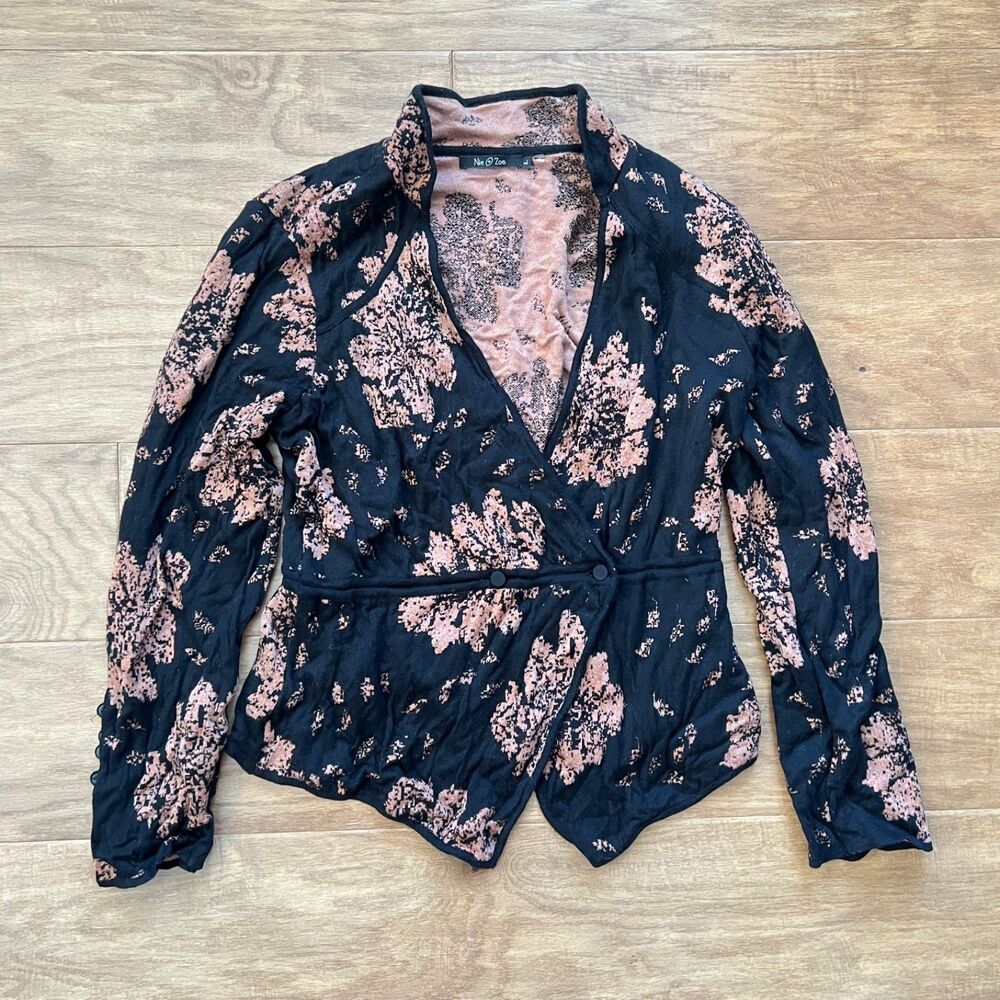 Nic + Zoe Cardigan Sweater Jacket Women's Size L Black Bronze Floral Jacquard